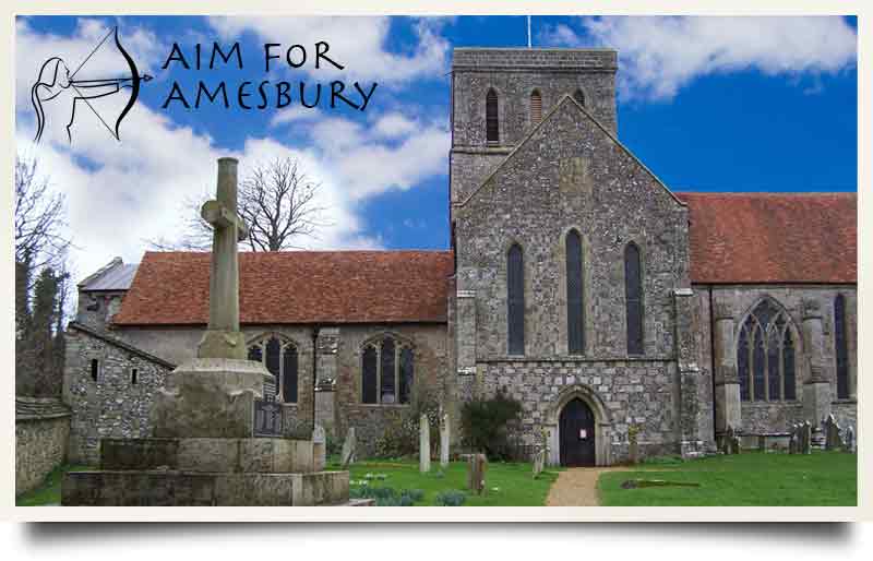 Church of St Mary and St Melor with illustration of an archer and caption 'Aim for Amesbury'.