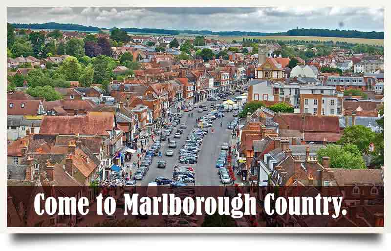 Aerial shot of the High Street with caption 'Come to Marlborough country'.