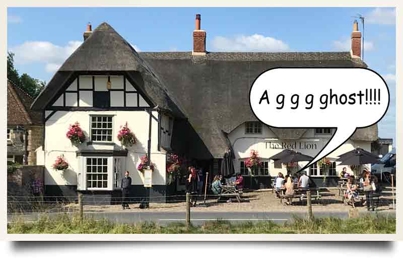 Front of the pub with customers and caption in speech baloon 'A g g g ghost'.