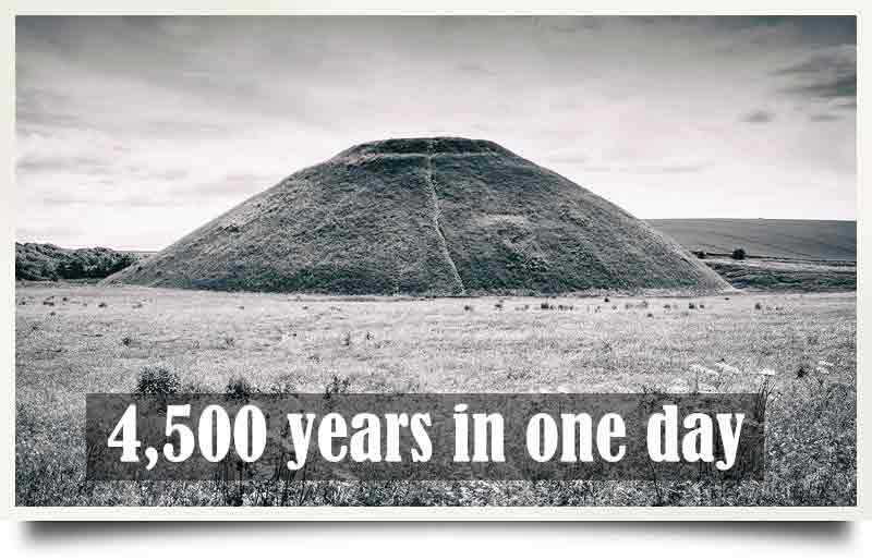 Distant view of the mound with caption '4,500 years in one day'.
