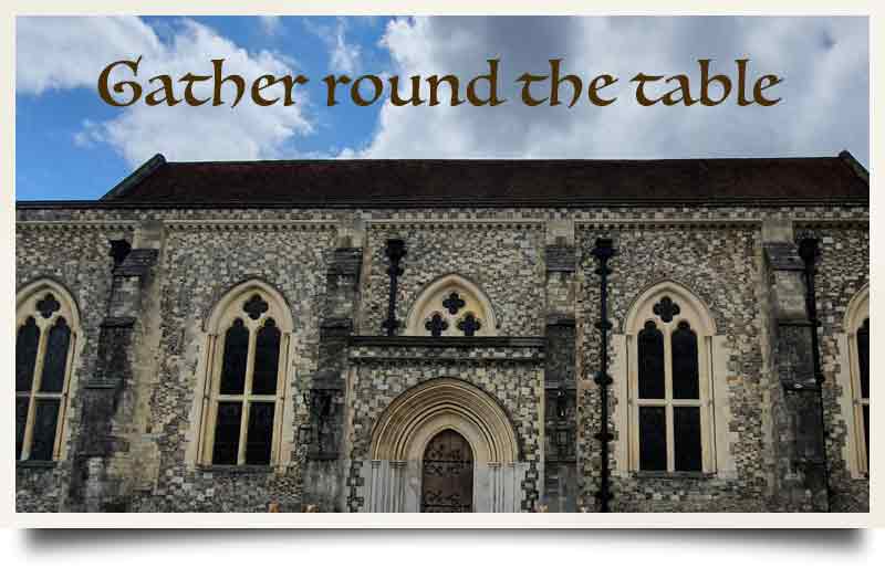 Exterior with oak entrance to the Great Hall with caption 'Gather round the table'.