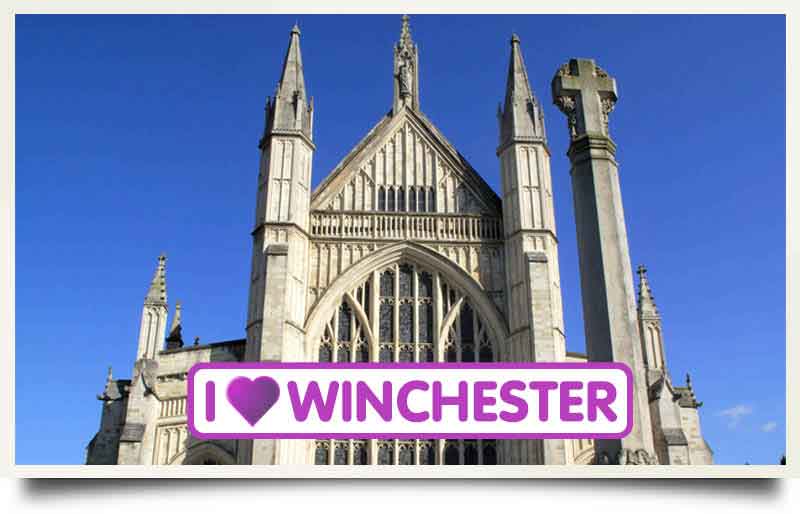 The cathedral with caption 'I love Winchester'